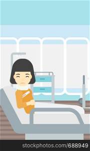 An asian woman suffering from neck pain. Young woman with injured neck lying in bed in hospital ward. Woman with neck brace. Vector flat design illustration. Vertical layout.. Woman with neck injury vector illustration.