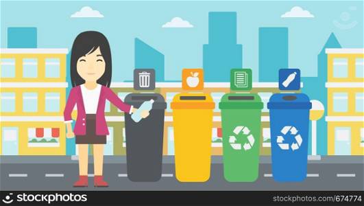 An asian woman throwing away plastic bottle. Woman standing near four bins in the city and throwing away plastic bottle in an appropriate bin. Vector flat design illustration. Horizontal layout.. Woman throwing away plastic bottle.