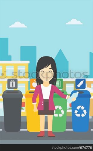 An asian woman throwing away plastic bottle. Woman standing near four bins in the city and throwing away plastic bottle in an appropriate bin. Vector flat design illustration. Vertical layout.. Woman throwing away plastic bottle.