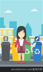 An asian woman throwing away plastic bottle. Woman standing near four bins in the city and throwing away plastic bottle in an appropriate bin. Vector flat design illustration. Vertical layout.. Woman throwing away plastic bottle.