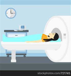 An asian woman undergoes an magnetic resonance imaging scan test in hospital vector flat design illustration. Square layout.. Magnetic resonance imaging.