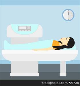 An asian woman undergoes an open magnetic resonance imaging scan procedure in hospital vector flat design illustration. Square layout.. Magnetic resonance imaging.