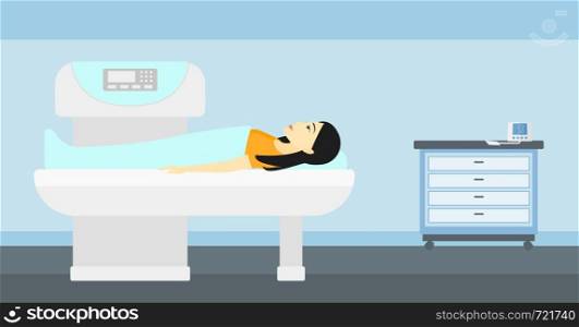 An asian woman undergoes an open magnetic resonance imaging scan procedure in hospital vector flat design illustration. Horizontal layout.. Magnetic resonance imaging.