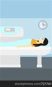 An asian woman undergoes an open magnetic resonance imaging scan procedure in hospital vector flat design illustration. Vertical layout.. Magnetic resonance imaging.