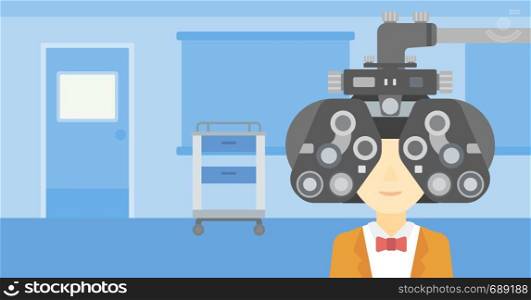 An asian woman undergoing an eye examination while visiting optometrist at the medical office. Vector flat design illustration. Horizontal layout.. Patient during eye examination vector illustration