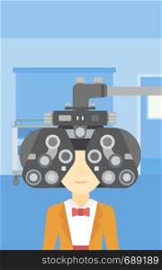 An asian woman undergoing an eye examination while visiting optometrist at the medical office. Vector flat design illustration. Vertical layout.. Patient during eye examination vector illustration