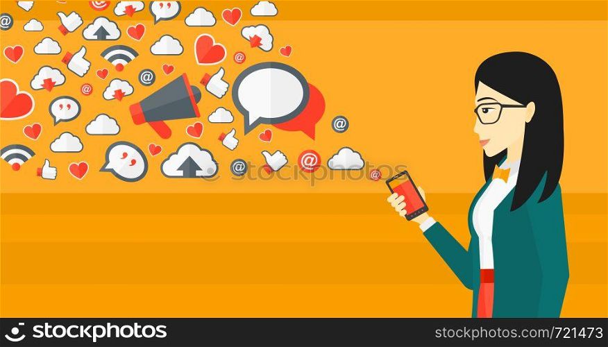 An asian woman using smartphone with lots of social media application icons flying out vector flat design illustration isolated on yellow background. Horizontal layout.. Social media applications.