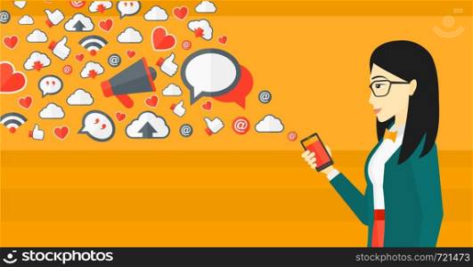 An asian woman using smartphone with lots of social media application icons flying out vector flat design illustration isolated on yellow background. Horizontal layout.. Social media applications.
