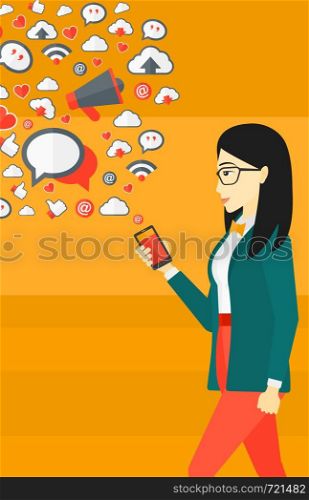 An asian woman using smartphone with lots of social media application icons flying out vector flat design illustration isolated on yellow background. Vertical layout.. Social media applications.