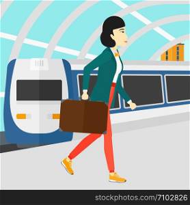 An asian woman walking on the platform on the background of modern train arriving at the station vector flat design illustration. Square layout.. Woman going out of train.