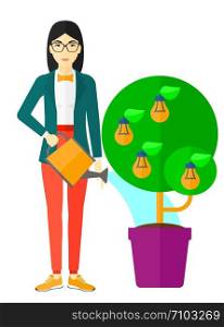 An asian woman watering a tree growing in pot with light bulbs instead flowers vector flat design illustration isolated on white background. . Woman watering tree with light bulbs.