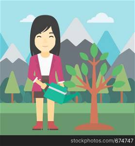 An asian woman watering a tree on the background with mountain. Young friendly woman takes care of the environment. Vector flat design illustration. Square layout.. Woman watering tree with light bulbs.