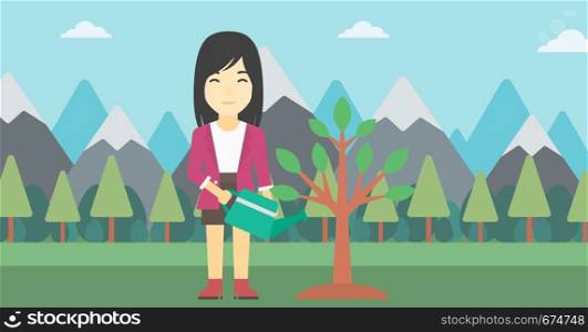 An asian woman watering a tree on the background with mountain. Young friendly woman takes care of the environment. Vector flat design illustration. Horizontal layout.. Woman watering tree with light bulbs.