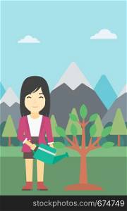 An asian woman watering a tree on the background with mountain. Young friendly woman takes care of the environment. Vector flat design illustration. Vertical layout.. Woman watering tree with light bulbs.