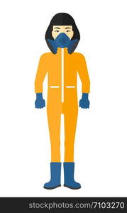 An asian woman wearing a protective chemical suit for toxic atmosphere vector flat design illustration isolated on white background. . Woman in protective chemical suit.