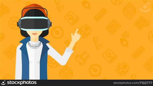 An asian woman wearing a virtual relaity headset and pointing a forefinger up on a yellow background with media icons vector flat design illustration. Horizontal layout.. Woman wearing virtual reality headset.