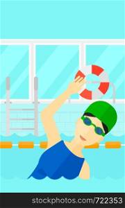 An asian woman wearing cap and glasses training in swimming pool vector flat design illustration. Vertical layout.. Swimmer training in pool.