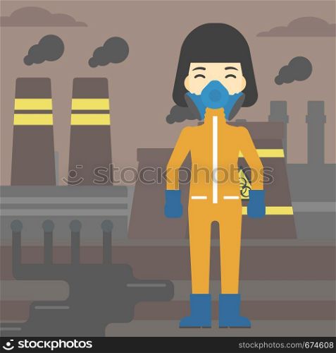 An asian woman wearing gas mask and radiation protective suit. Woman in radiation protective suit on a background of nuclear power plant. Vector flat design illustration. Square layout.. Woman in radiation protective suit.
