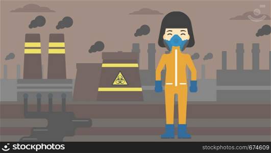 An asian woman wearing gas mask and radiation protective suit. Woman in radiation protective suit on a background of nuclear power plant. Vector flat design illustration. Horizontal layout.. Woman in radiation protective suit.