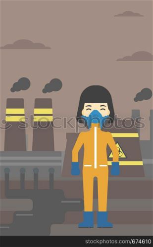 An asian woman wearing gas mask and radiation protective suit. Woman in radiation protective suit on a background of nuclear power plant. Vector flat design illustration. Vertical layout.. Woman in radiation protective suit.