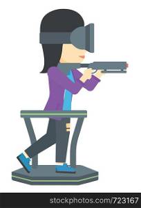 An asian woman wearing virtual reality headset and standing on a treadmill with a gun in hands vector flat design illustration isolated on white background.. Full virtual reality.
