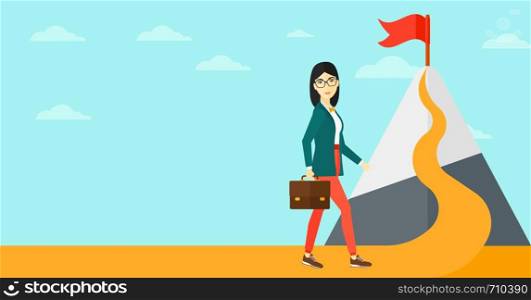 An asian woman with a suitcase in hand standing on a road leading to the top of the mountain with a flag on the background of blue sky vector flat design illustration. Horizontal layout.. Cheerful leader woman.