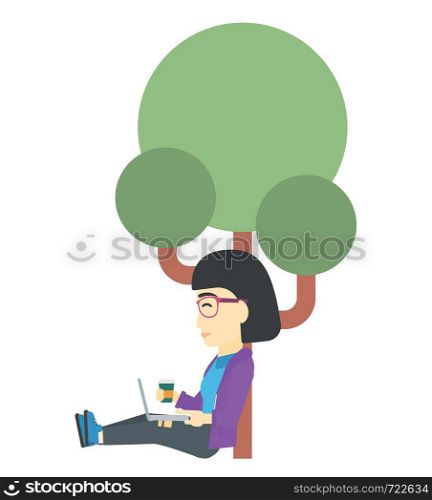 An asian woman with cup of coffee studying in park using a laptop vector flat design illustration isolated on white background. . Woman using laptop for education.