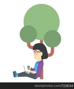 An asian woman with cup of coffee studying in park using a laptop vector flat design illustration isolated on white background. . Woman using laptop for education.