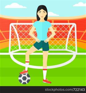 An asian woman with football ball on the field of stadium vector flat design illustration vector flat design illustration. Square layout.. Football player with ball.