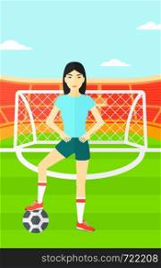An asian woman with football ball on the field of stadium vector flat design illustration vector flat design illustration. Vertical layout.. Football player with ball.