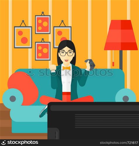 An asian woman with gamepad in hands sitting on a sofa in living room vector flat design illustration. Square layout.. Woman playing video game.