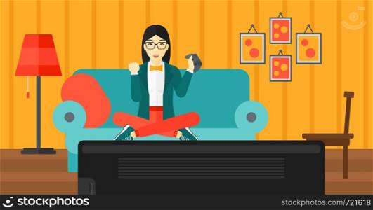 An asian woman with gamepad in hands sitting on a sofa in living room vector flat design illustration. Horizontal layout.. Woman playing video game.