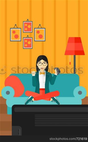 An asian woman with gamepad in hands sitting on a sofa in living room vector flat design illustration. Vertical layout.. Woman playing video game.