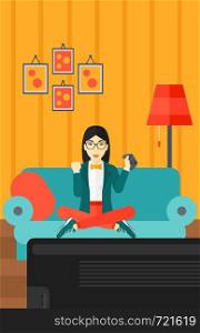 An asian woman with gamepad in hands sitting on a sofa in living room vector flat design illustration. Vertical layout.. Woman playing video game.