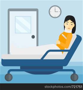 An asian woman with injured neck lying in bed in hospital ward vector flat design illustration. Square layout.. Patient with injured neck.