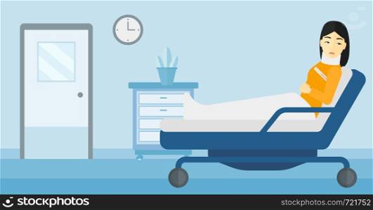 An asian woman with injured neck lying in bed in hospital ward vector flat design illustration. Horizontal layout.. Patient with injured neck.