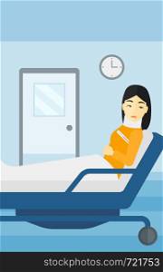 An asian woman with injured neck lying in bed in hospital ward vector flat design illustration. Vertical layout.. Patient with injured neck.