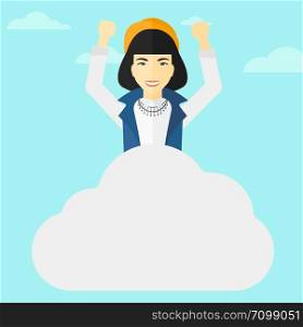 An asian woman with raised hands sitting on a cloud on the background of blue sky vector flat design illustration. Square layout.. Woman sitting on cloud.