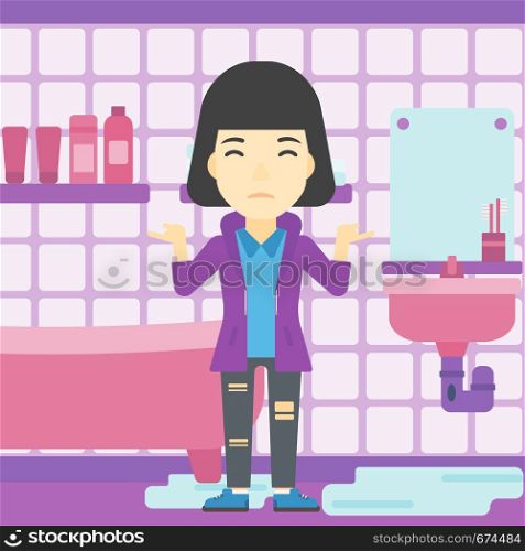 An asian woman with spread arms standing near leaking sink in the bathroom vector flat design illustration. Square layout.. Woman in despair standing near leaking sink.