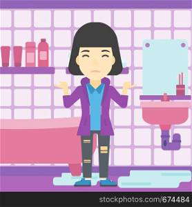 An asian woman with spread arms standing near leaking sink in the bathroom vector flat design illustration. Square layout.. Woman in despair standing near leaking sink.