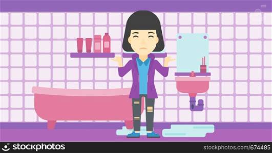 An asian woman with spread arms standing near leaking sink in the bathroom vector flat design illustration. Horizontal layout.. Woman in despair standing near leaking sink.