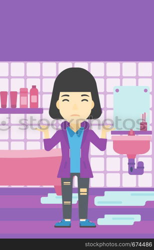 An asian woman with spread arms standing near leaking sink in the bathroom vector flat design illustration. Vertical layout.. Woman in despair standing near leaking sink.