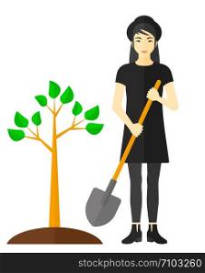 An asian woman with the shovel plants a tree vector flat design illustration isolated on white background. . Woman plants tree.