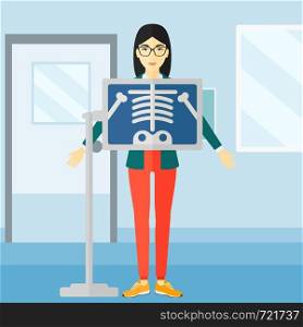 An asian woman with x-ray screen showing her skeleton on the background of medical office vector flat design illustration. Square layout.. Patient during x-ray procedure.