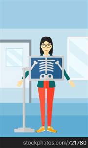 An asian woman with x-ray screen showing her skeleton on the background of medical office vector flat design illustration. Vertical layout.. Patient during x-ray procedure.