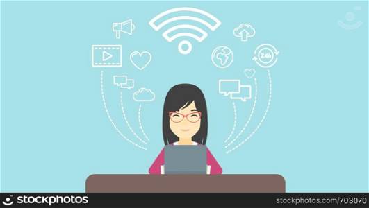 An asian woman working on a laptop and social computer network icons above him. Vector flat design illustration. Horizontal layout.. Woman working on laptop vector illustration.