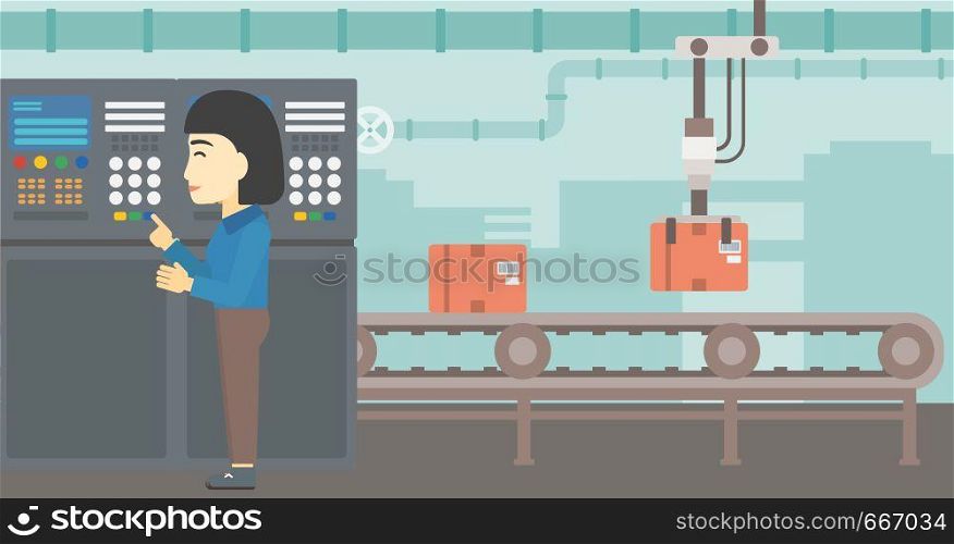 An asian woman working on control panel. Woman pressing button at control panel in plant. Engineer standing in front of the control panel. Vector flat design illustration. Horizontal layout.. Engineer standing near control panel.