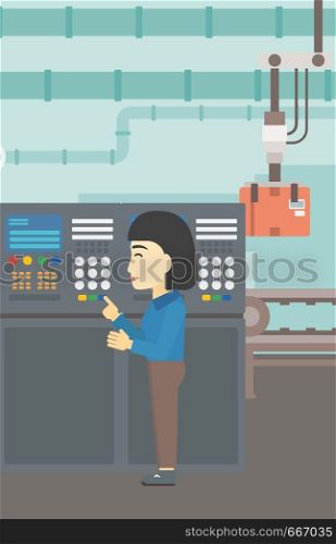An asian woman working on control panel. Woman pressing button at control panel in plant. Engineer standing in front of the control panel. Vector flat design illustration. Vertical layout.. Engineer standing near control panel.