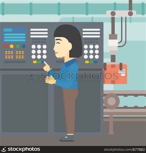 An asian woman working on control panel. Woman pressing button at control panel in plant. Engineer standing in front of the control panel. Vector flat design illustration. Square layout.. Engineer standing near control panel.