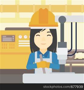 An asian woman working on industrial drilling machine. Woman using drilling machine at manufactory. Metalworker drilling at workplace. Vector flat design illustration. Square layout.. Woman working on industrial drilling machine.